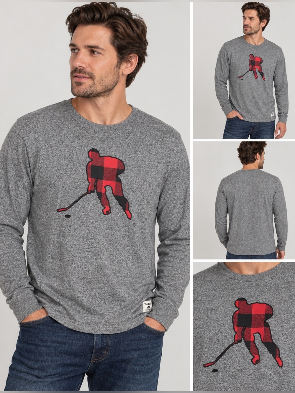 Roots Grey Buffalo Plaid Hockey Player Long Sleeve Shirt Size M